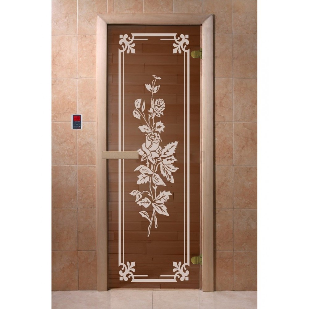 Дверь стеклянная DoorWood 700*1900 "Розы Бронза" стекло бронза прозрачная 6 мм, коробка хвоя, деревянная ручка